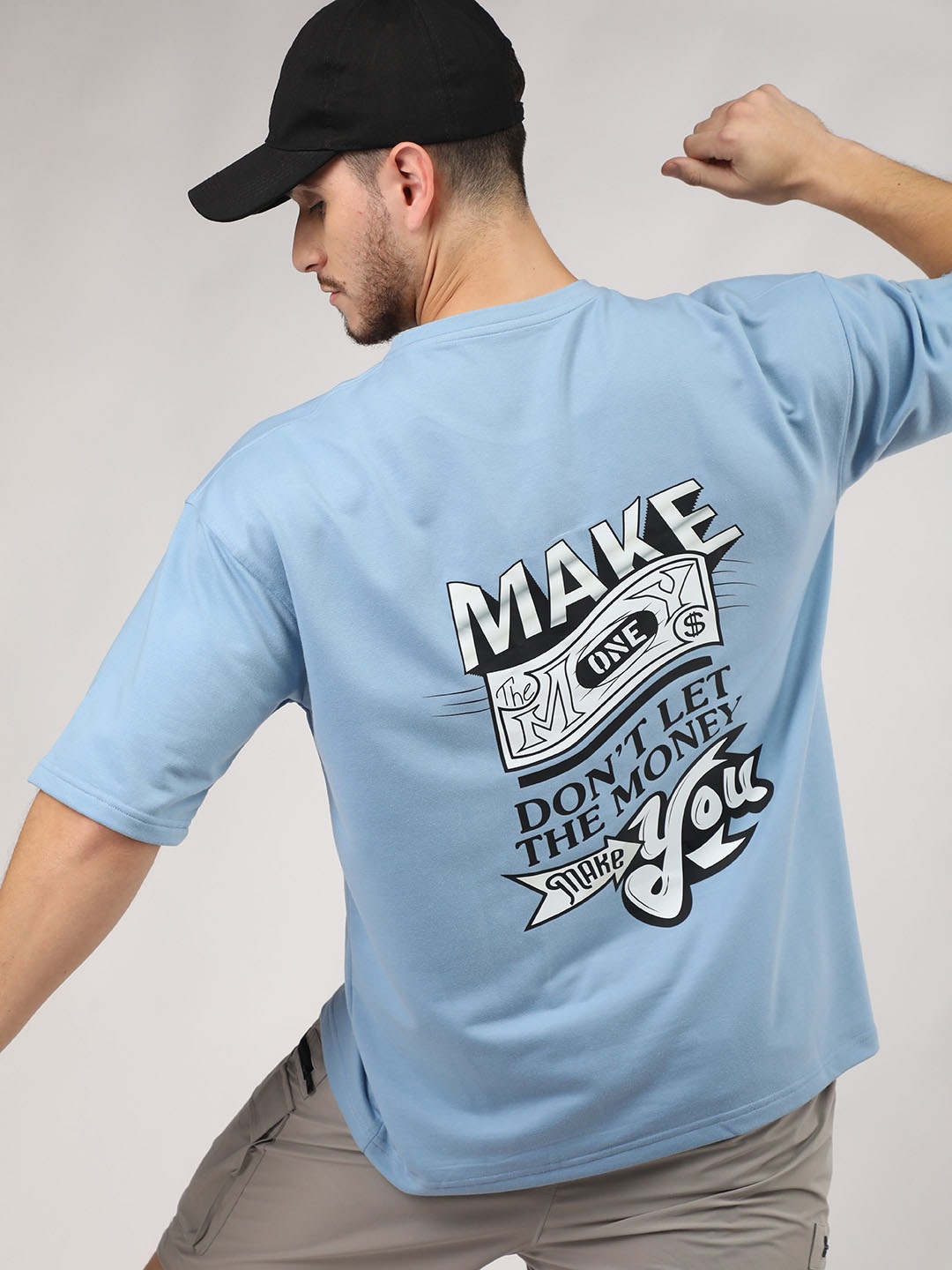 

CHKOKKO Typography Printed Cotton Short Sleeves Applique Oversized Casual T-shirt, Blue