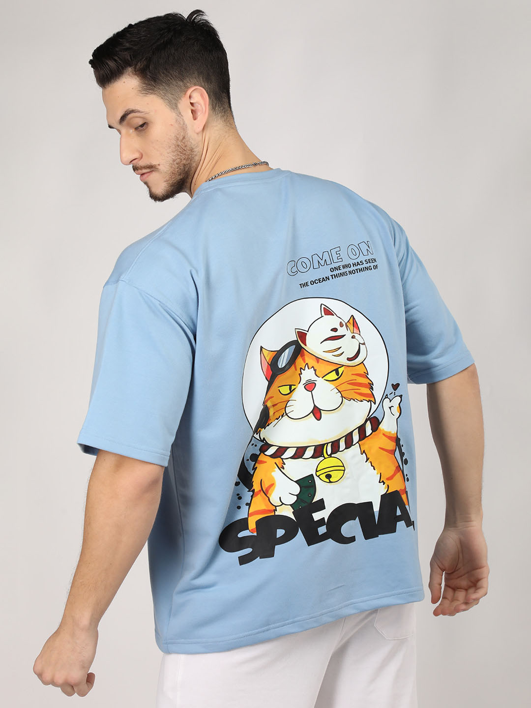 

CHKOKKO Graphic Printed Cotton Round Neck Short Sleeves Applique Oversized Casual T-shirt, Blue