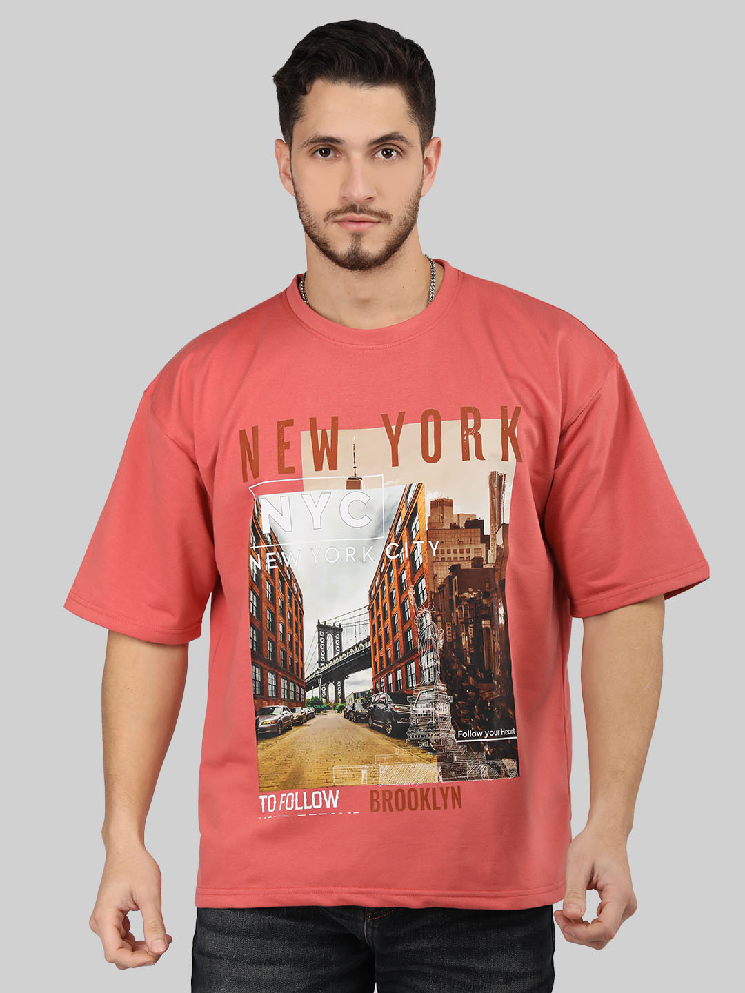 

CHKOKKO Graphic Printed Cotton Round Neck Short Sleeves Pockets Oversized Casual T-shirt, Orange
