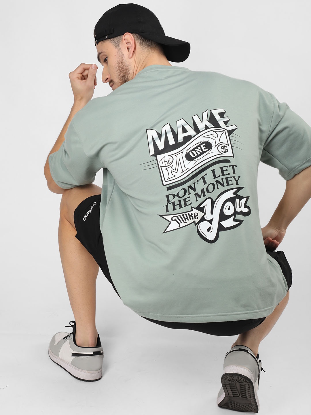 

CHKOKKO Typography Printed Cotton Short Sleeves Applique Oversized Casual T-shirt, Green
