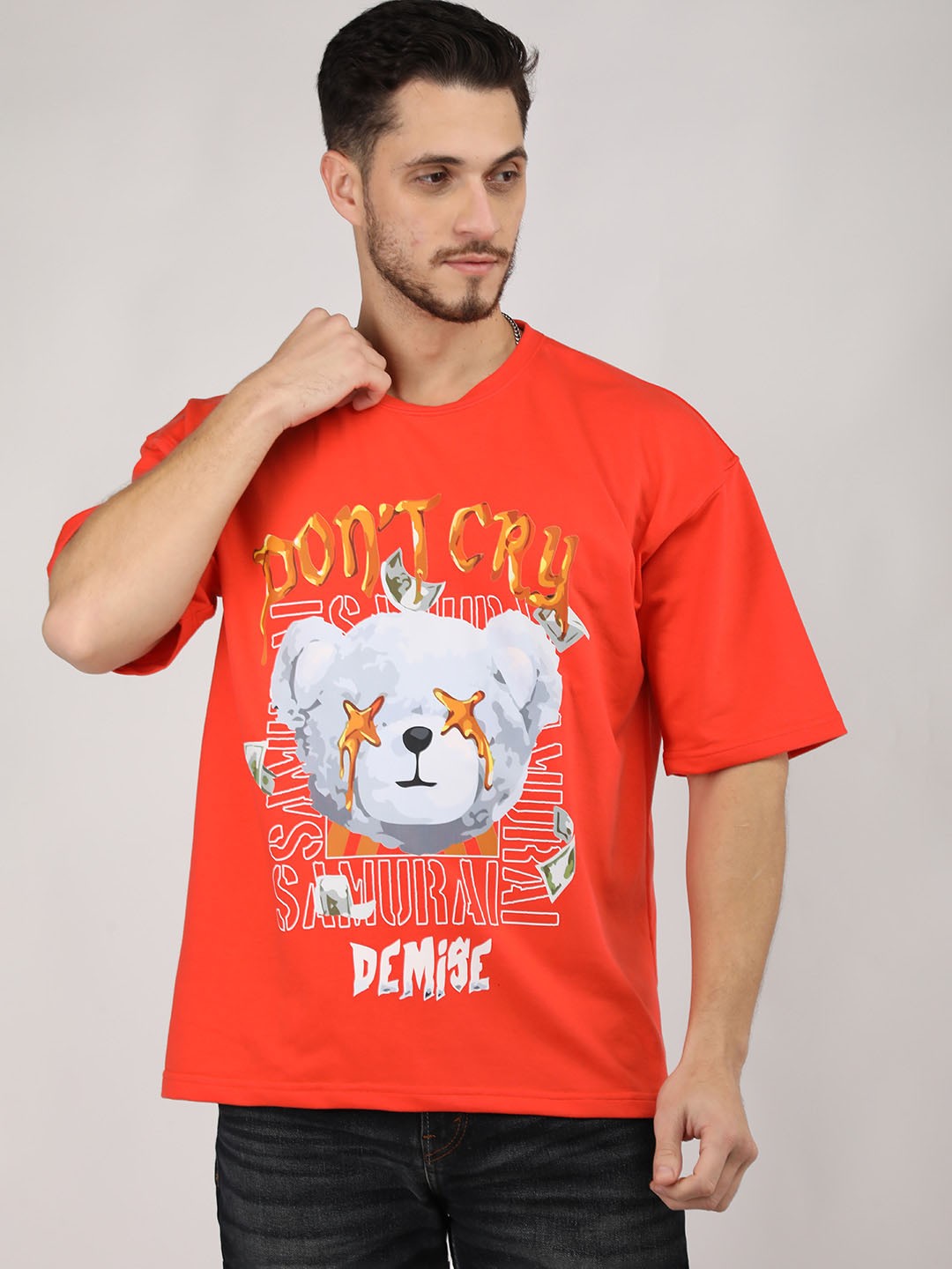 

CHKOKKO Typography Printed Cotton Short Sleeves Applique Oversized Casual T-shirt, Orange