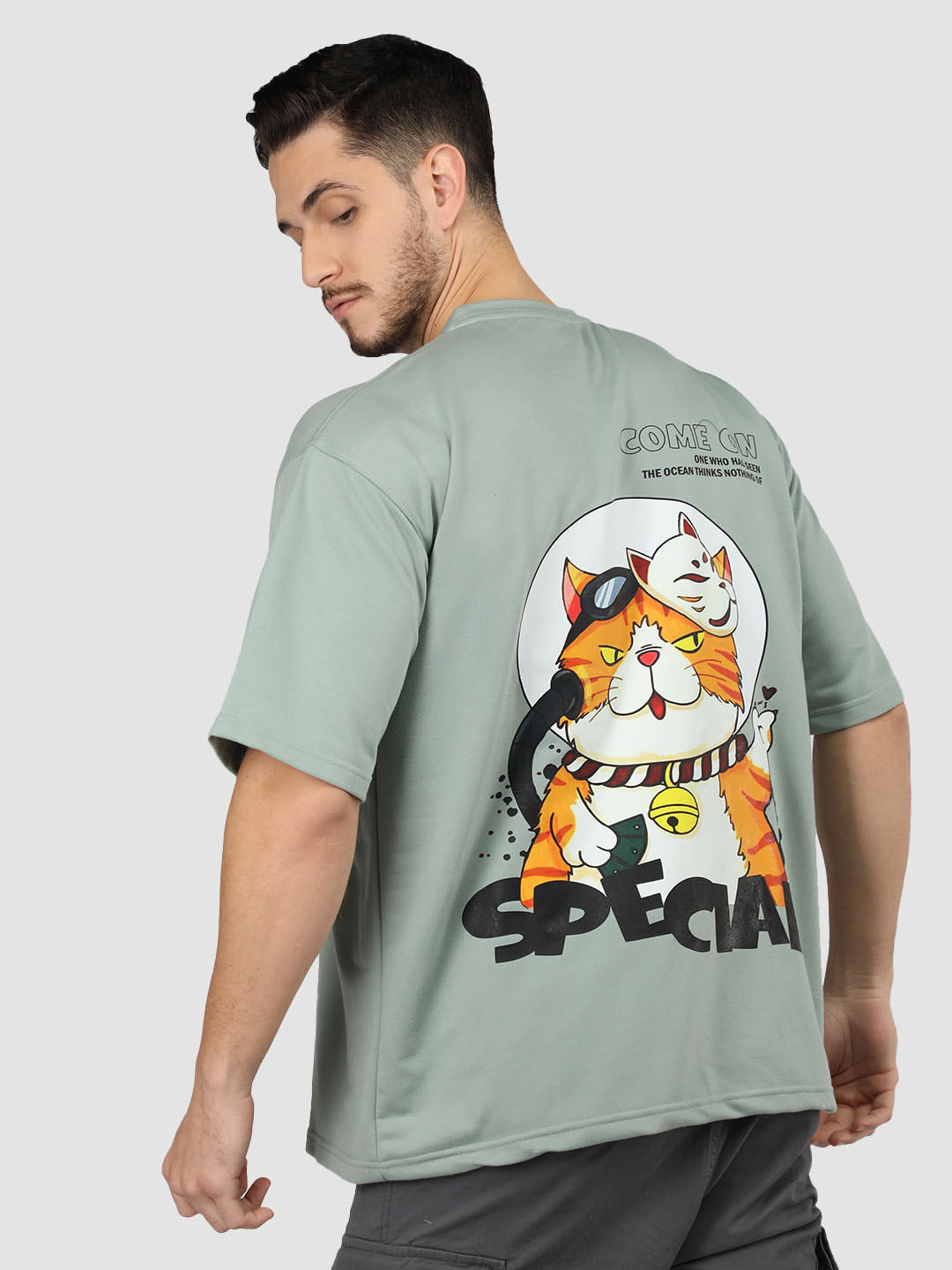 

CHKOKKO Graphic Print Round Neck Short Sleeves Cotton Oversized T-shirt, Green