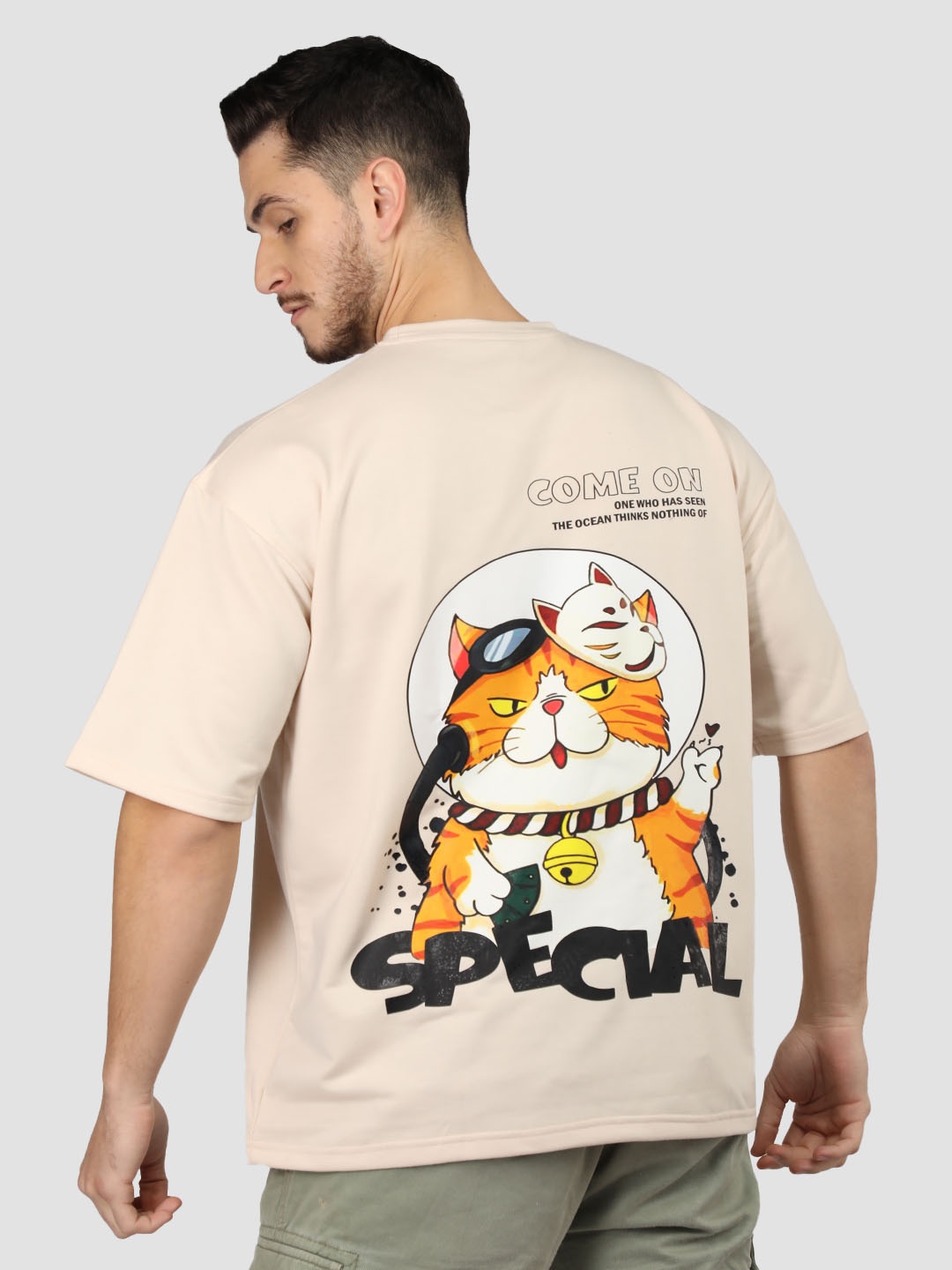 

CHKOKKO Graphic Print Round Neck Short Sleeves Cotton Oversized T-shirt, Beige