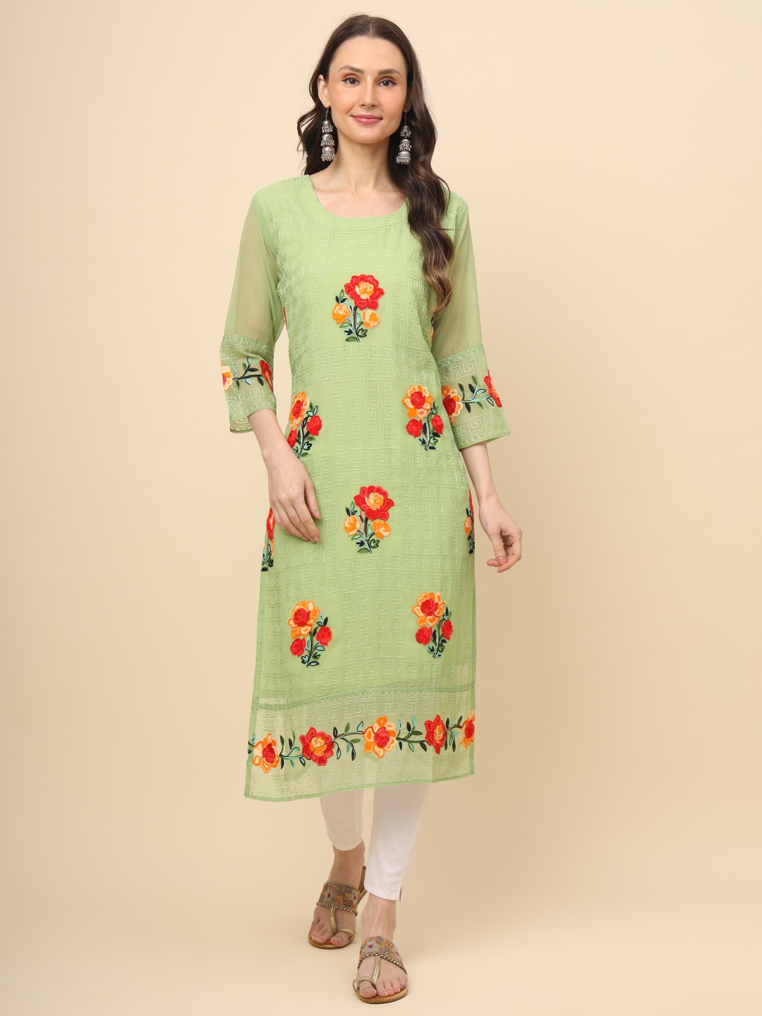 

VAIRAGEE Women Quirky Embroidered Flared Sleeves Thread Work Georgette Anarkali Kurta, Olive