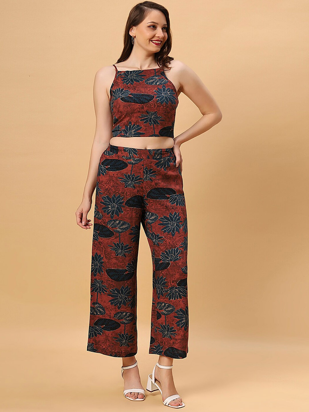 

DressBerry Red Printed Crop Top & Palazzos Co-Ords