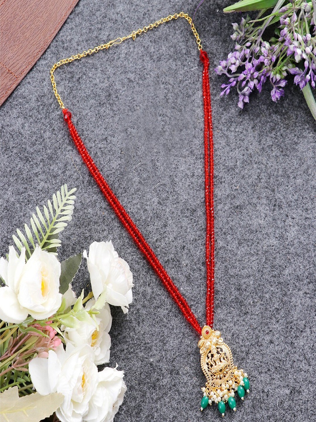 

UNIVERSITY TRENDZ Gold-Plated Pearl Beaded Goddess Lakshmi Temple Motifs Necklace