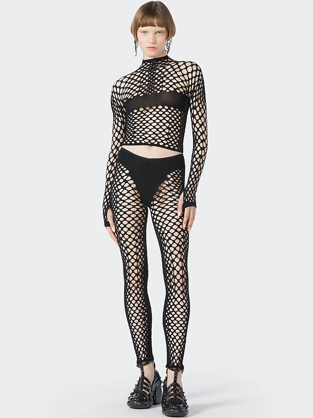 

LULU & SKY Self Design High Neck Hollow-Out Detail Top With Leggings, Black