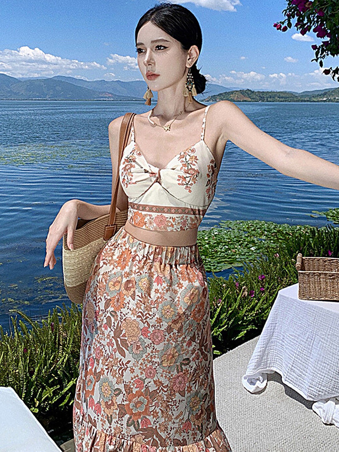 

LULU & SKY Printed Shoulder Straps Sleeveless Crop Top With Maxi Skirt, Beige