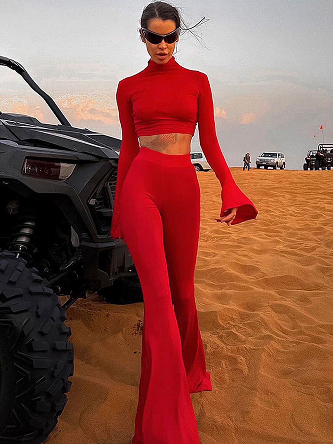 

LULU & SKY High Neck Bell Sleeves Top & Flare Pants Set, Red
