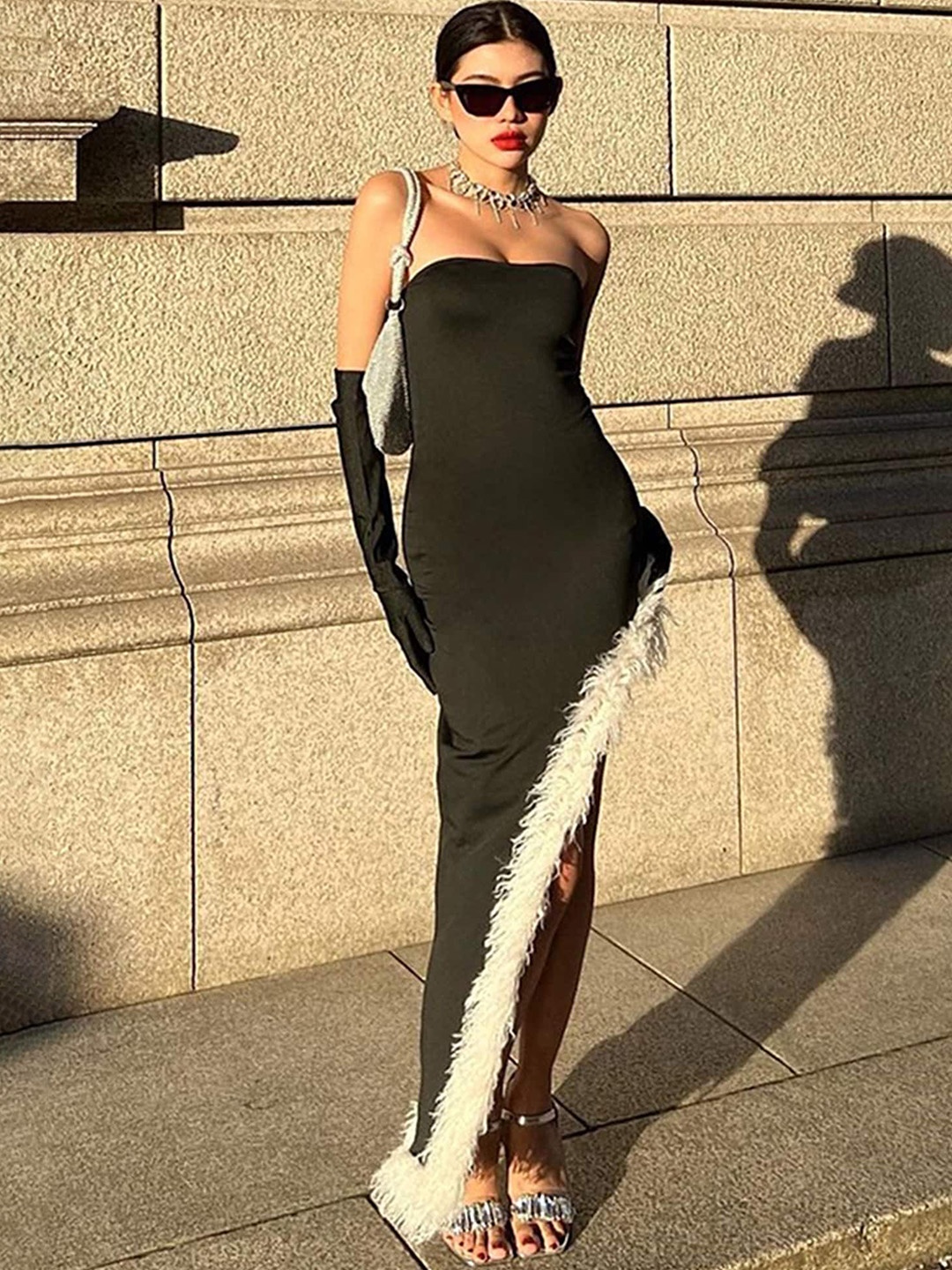 

LULU & SKY Strapless Bodycon Midi Dress With Gloves, Black