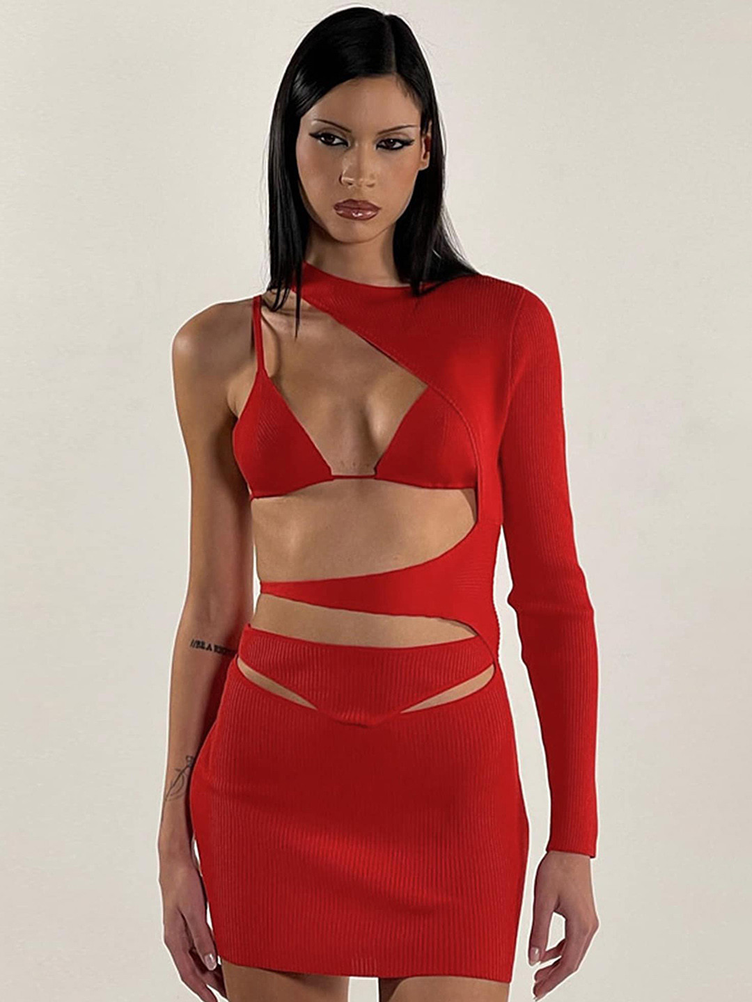 

LULU & SKY One Shoulder Cut-Out Bodycon Dress with Bralette, Red