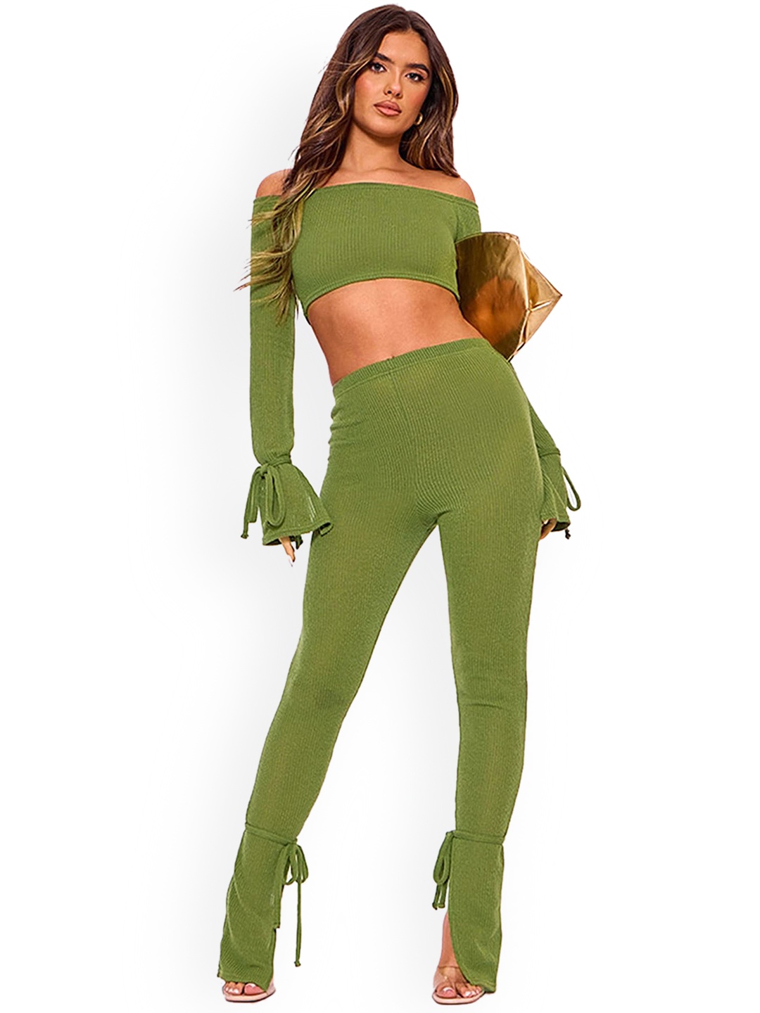 

LULU & SKY Off-shoulder Crop Top With Leggings Set, Green