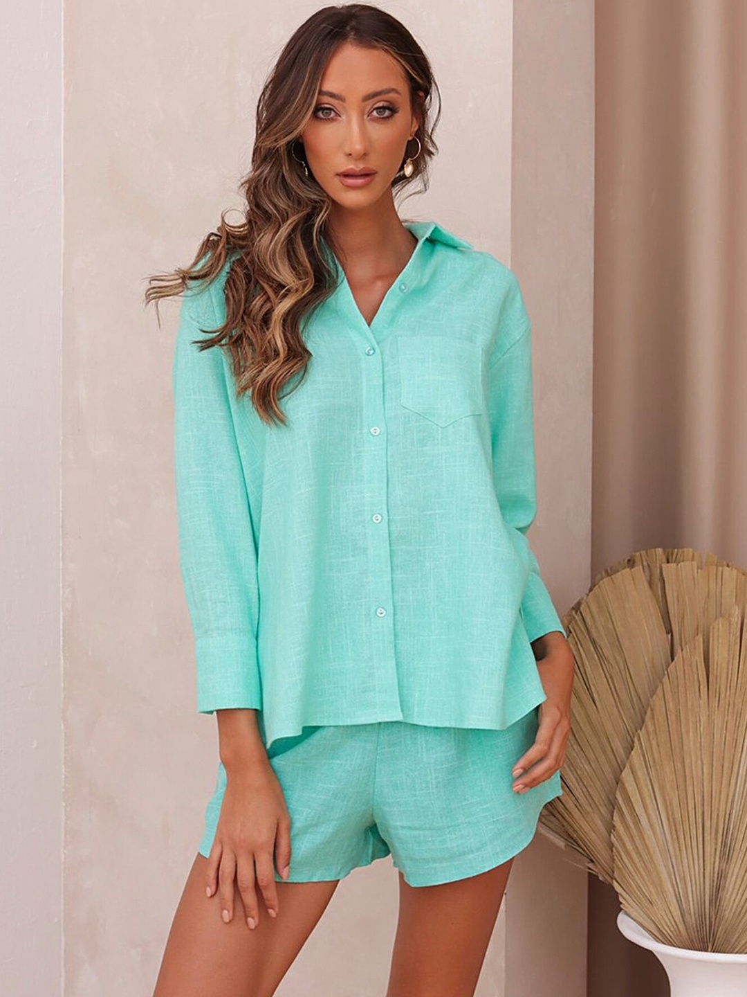 

LULU & SKY Long Sleeves Resort Shirt With Shorts Set, Sea green