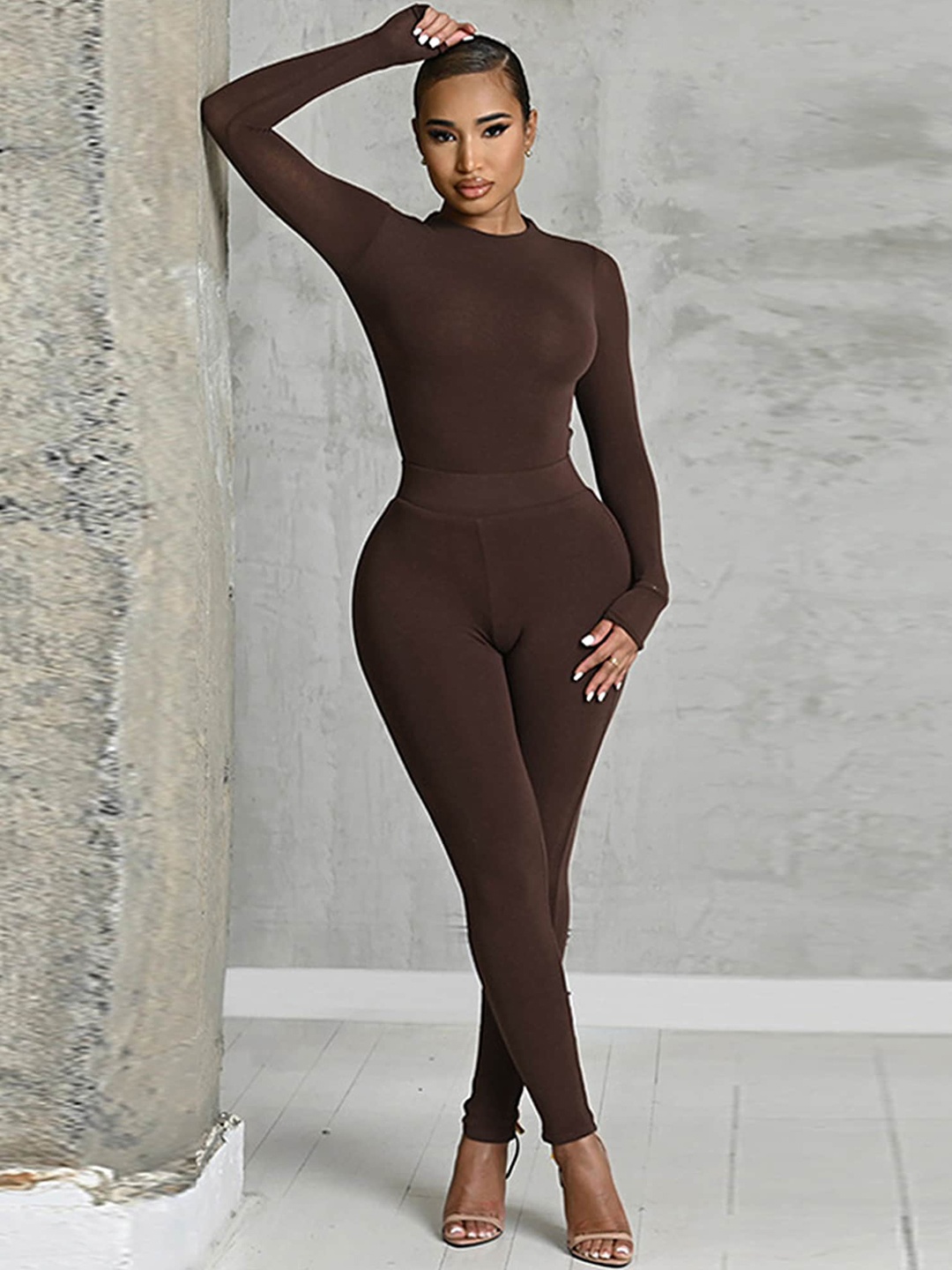 

LULU & SKY Round Neck Bodysuit & Leggings Set, Brown