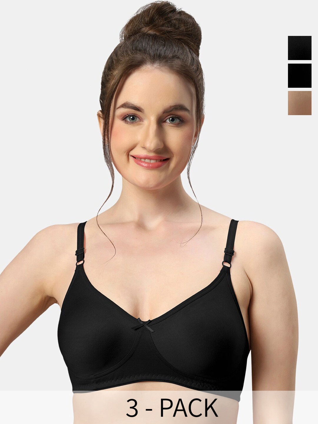 

Sonari Pack Of 3 Medium Coverage Non Padded Pure Cotton T-shirt Bra With All Day Comfort, Black