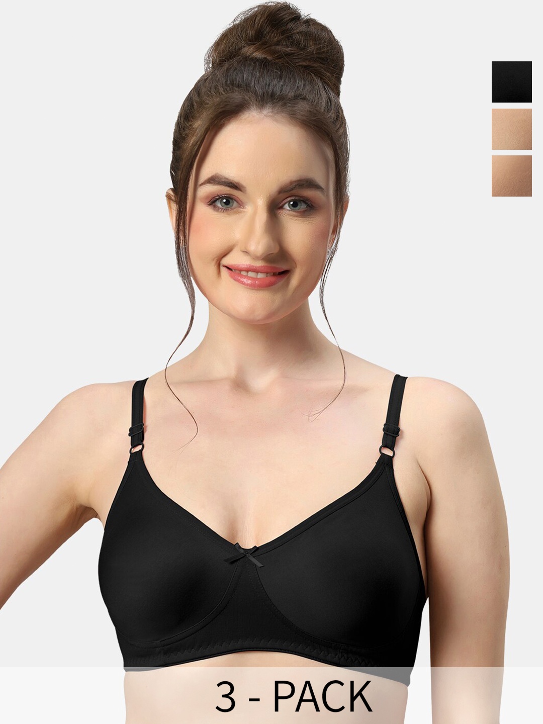 

Sonari Pack Of 3 Medium Coverage Non Padded Cotton T-shirt Bras- All Day Comfort, Black
