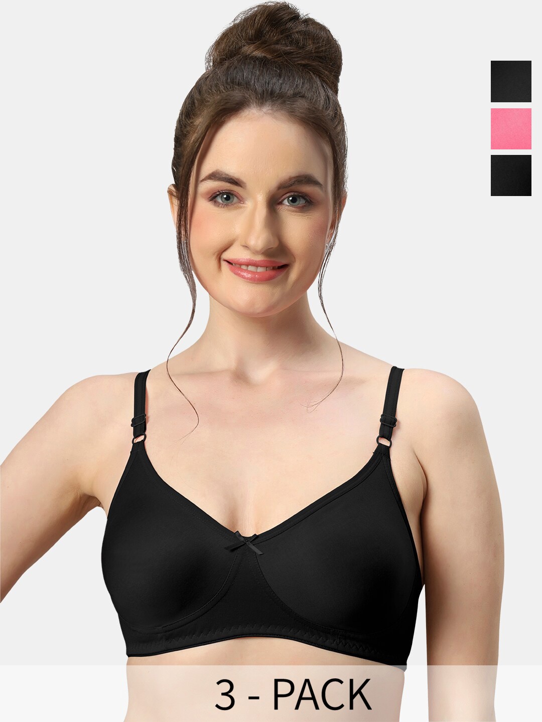 

Sonari Pack Of 3 Medium Coverage Pure Cotton Bra All Day Comfort, Black