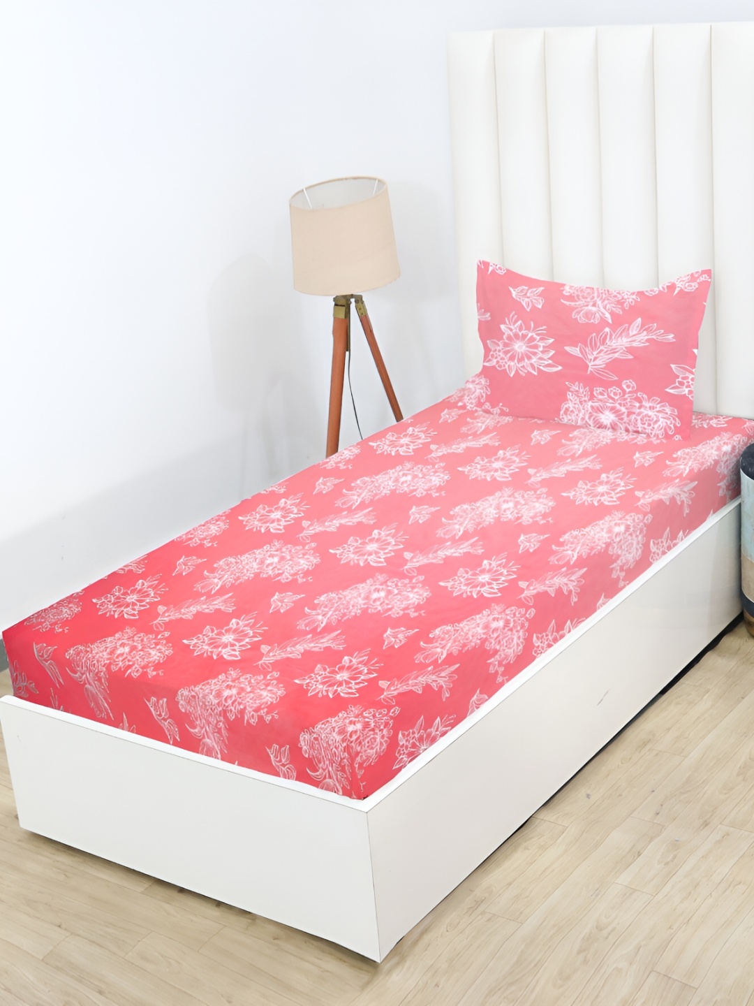 

RD TREND Peach Floral 210 TC Cotton Single Fitted Bedsheet with Pillow Covers