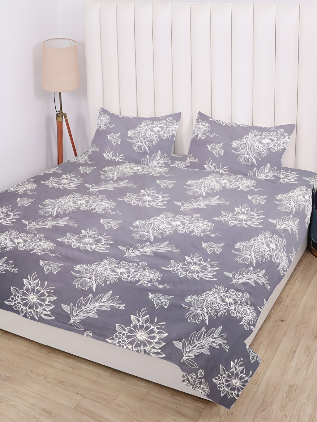 

RD TREND Grey Melange Floral 210 TC Cotton King Bedsheet with 2 Pillow Covers