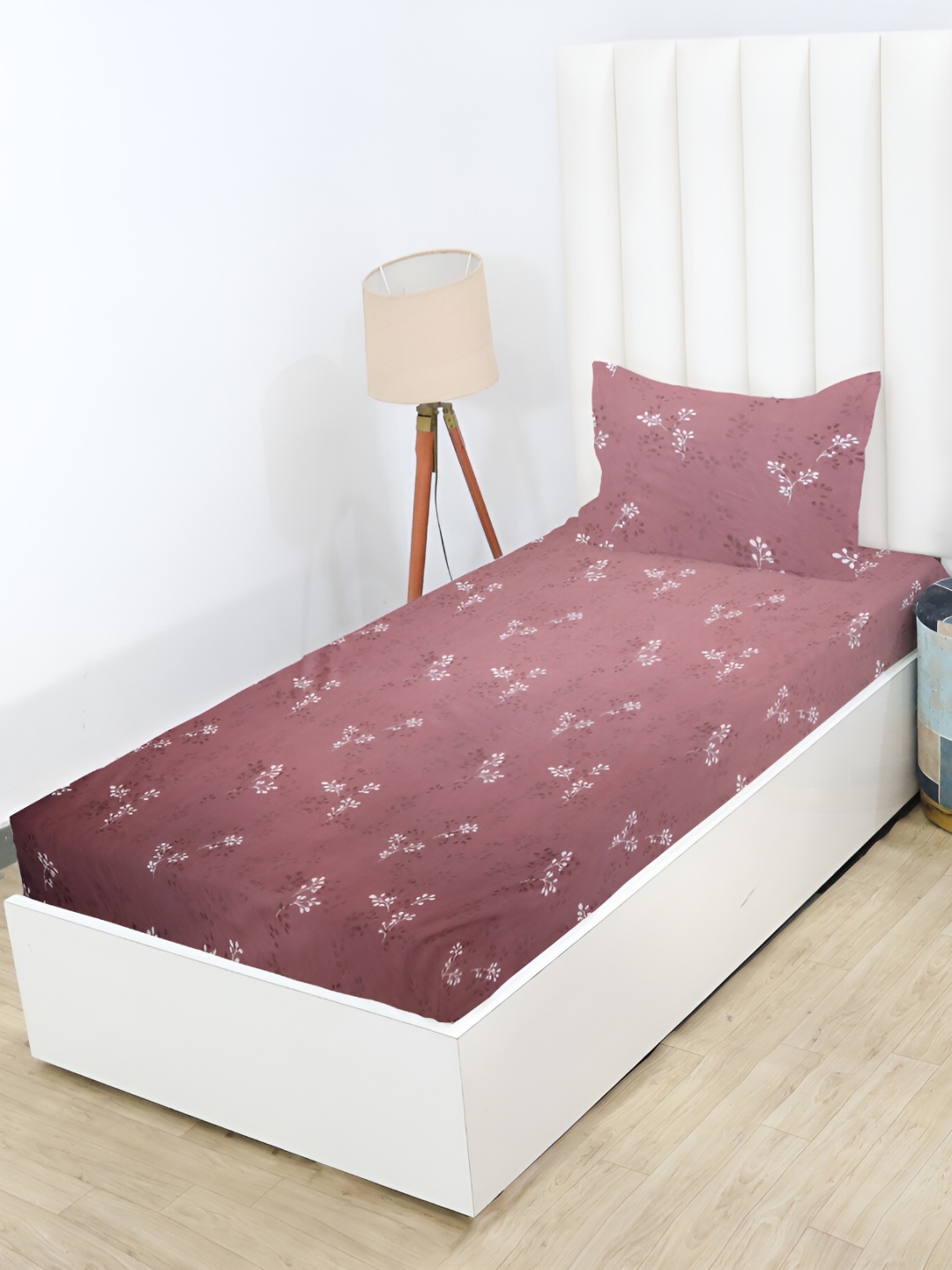 

RD TREND Pink Floral 210 TC Cotton Single Fitted Bedsheet with 1 Pillow Covers