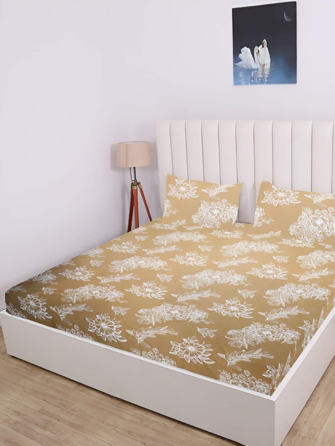 

RD TREND Beige Floral 210 TC Cotton King Fitted Bedsheet with 2 Pillow Covers