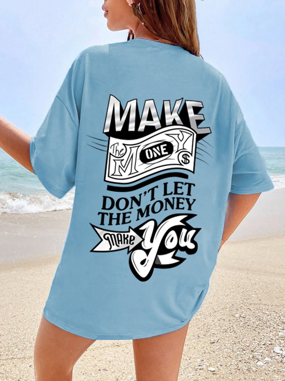 

CHKOKKO Typography Printed Round Neck Drop-Shoulder Sleeves Oversized T-shirt, Blue