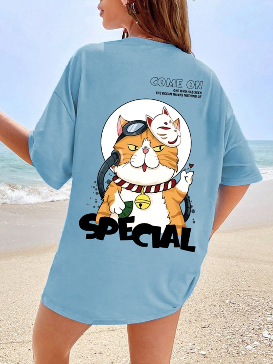 

CHKOKKO Graphic Printed Round Neck Drop-Shoulder Sleeves Oversized T-shirt, Blue