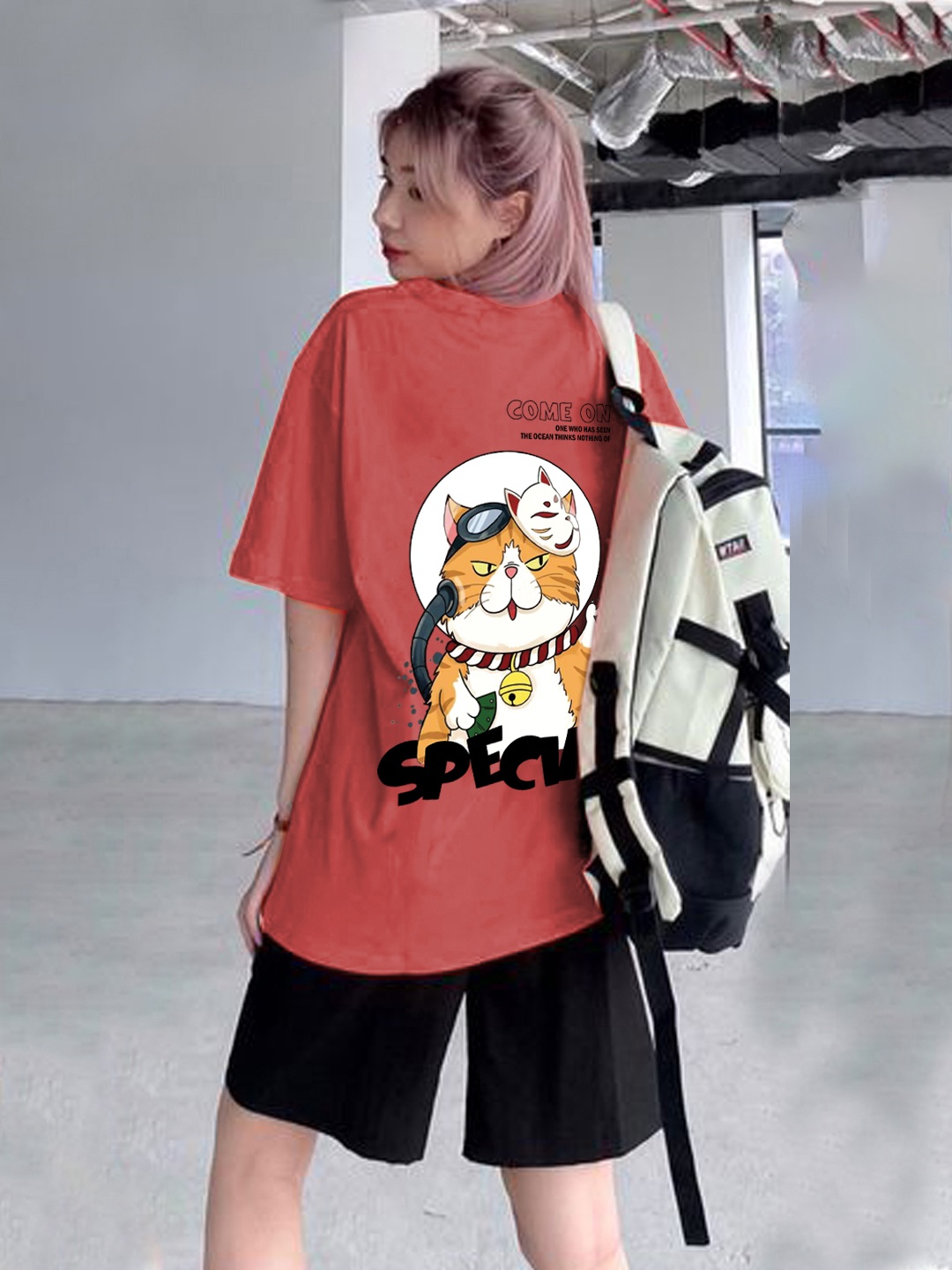 

CHKOKKO Graphic Printed Drop-Shoulder Sleeves Cotton Oversized T-shirt, Orange