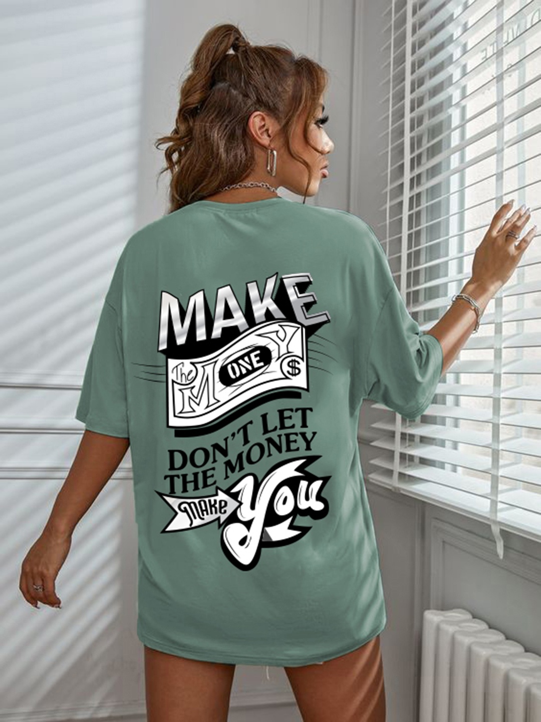 

CHKOKKO Typography Printed Round Neck Drop-Shoulder Sleeves Oversized T-shirt, Green