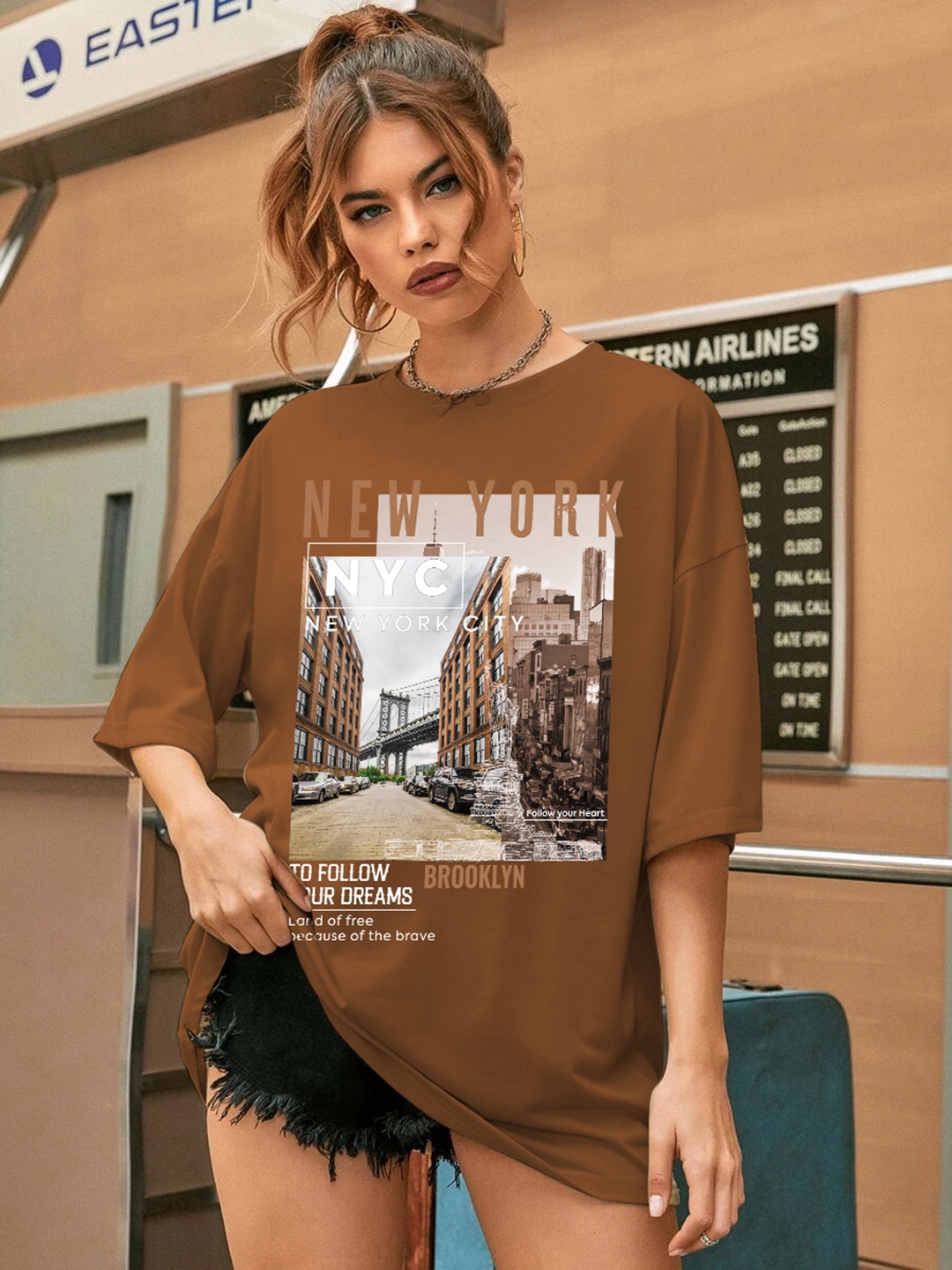 

CHKOKKO People and Places Printed Round Neck Drop-Shoulder Sleeves Oversized T-shirt, Brown