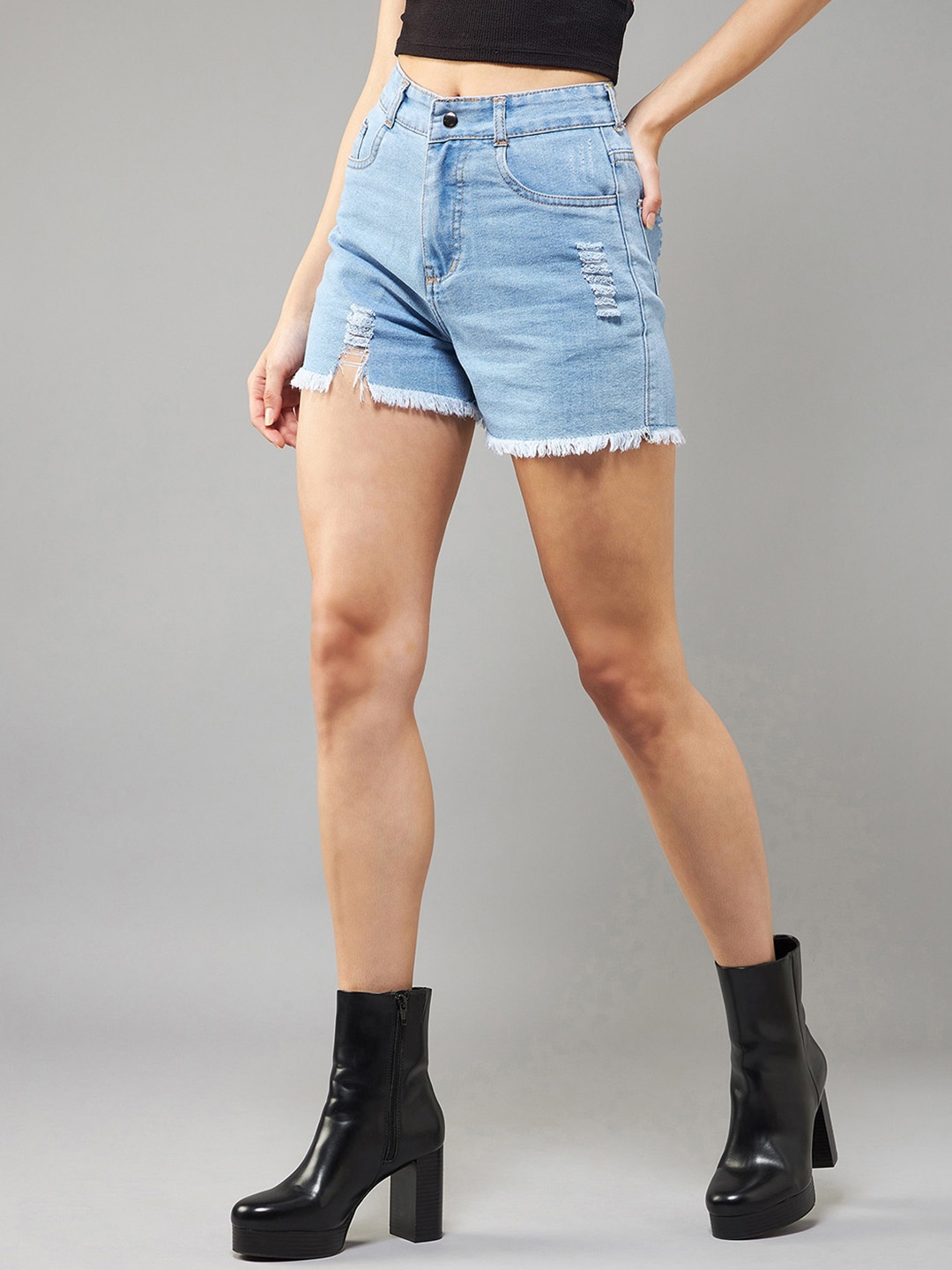 

DOLCE CRUDO Women Relaxed Mid Rise High Distress Regular Non Stretchable Denim Shorts, Blue
