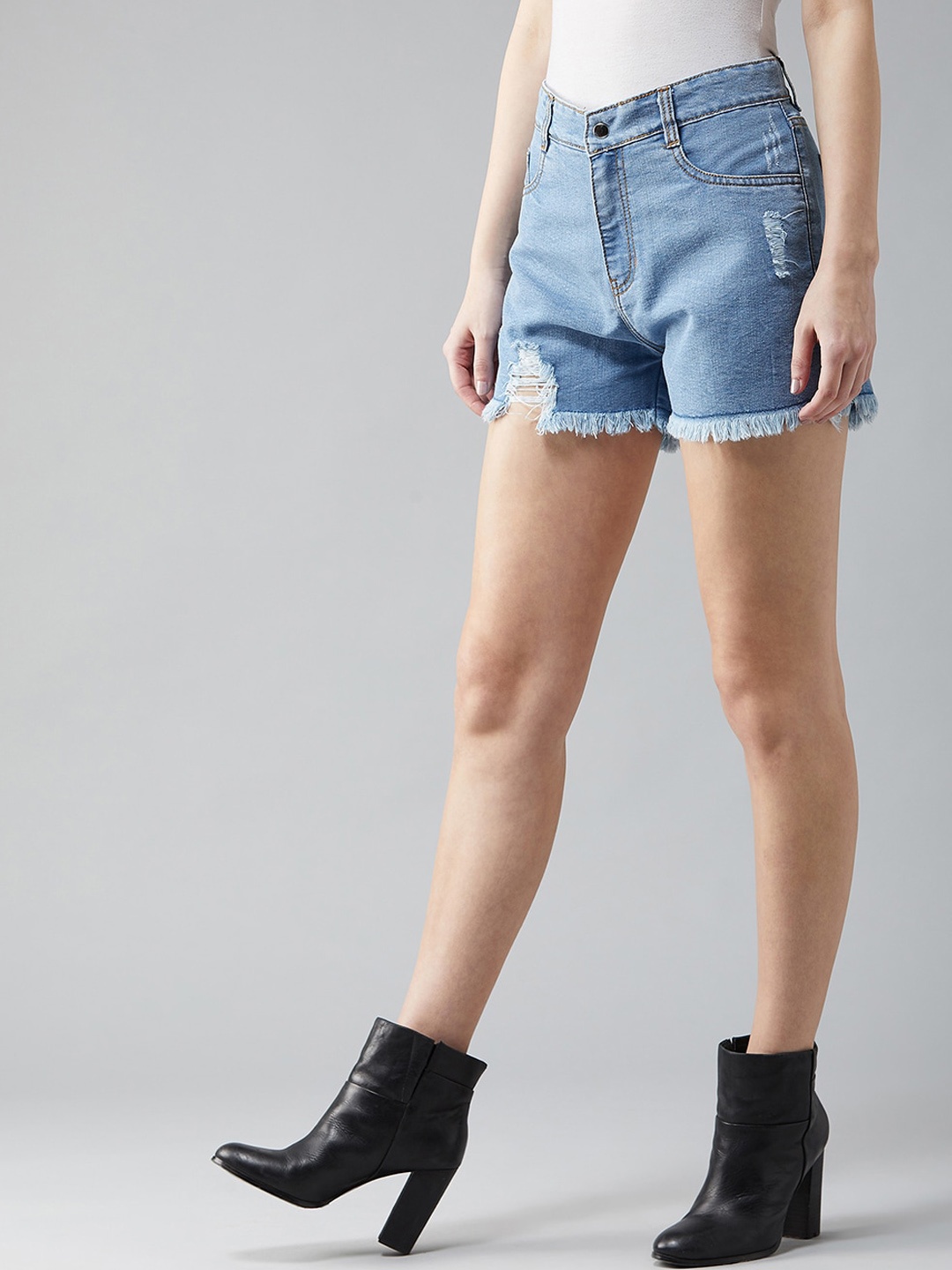 

DOLCE CRUDO Women Relaxed Fit Highly Distressed Mid Rise Ripped Denim Shorts, Blue
