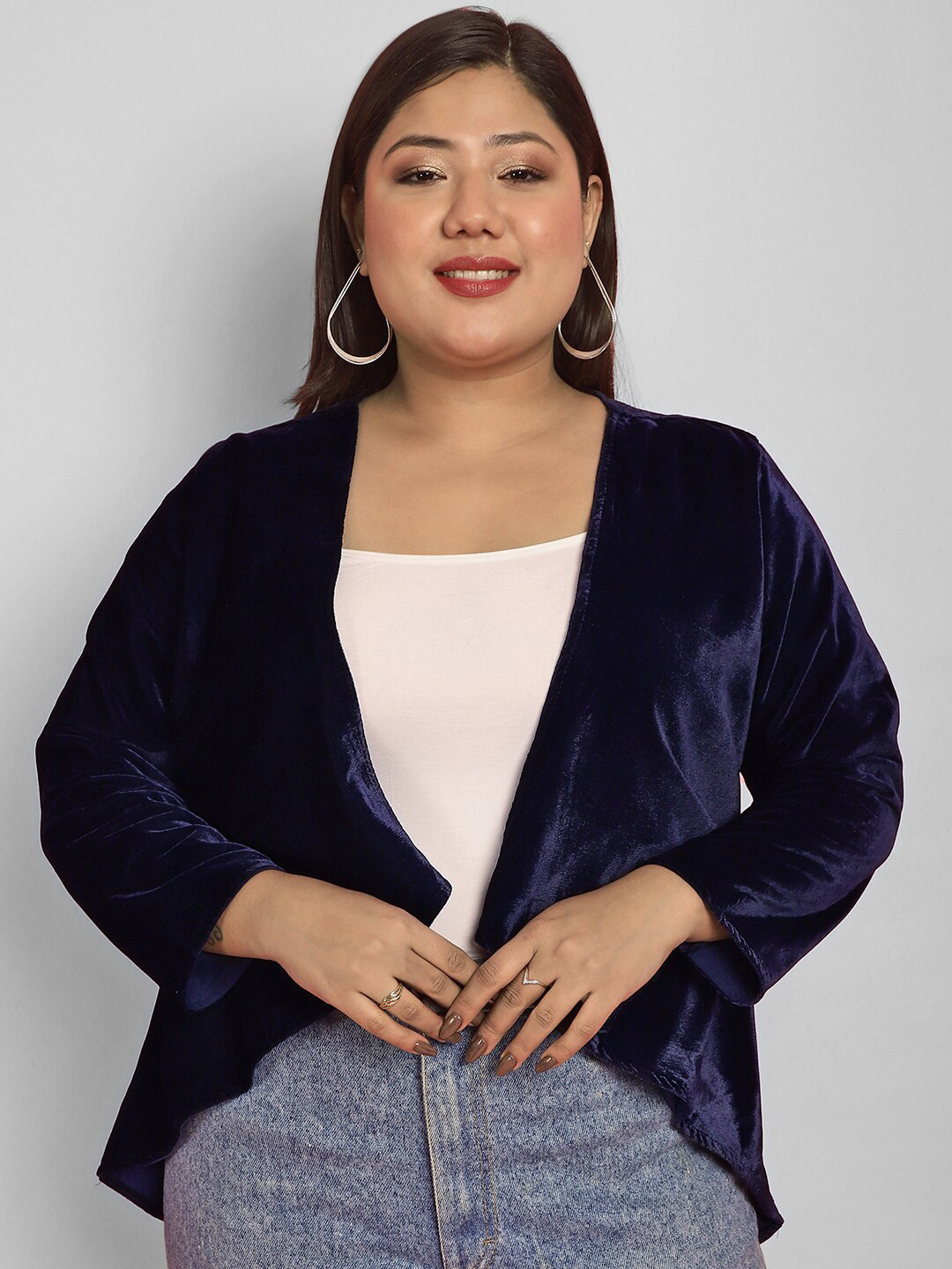 

urSense Plus Size Velvet Open Front Shrug, Blue