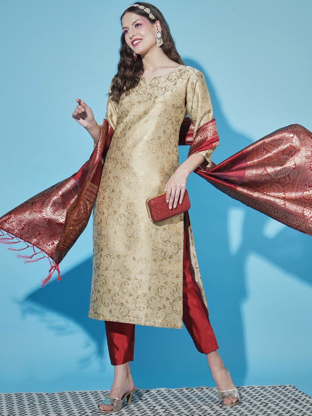 

VredeVogel Woven Design Jacquard Kurta with Trousers & With Dupatta, Beige
