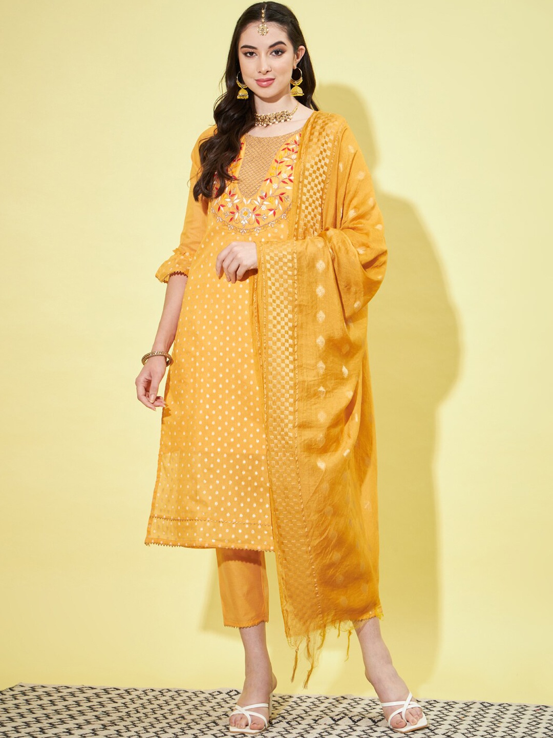 

VredeVogel Floral Embroidered Kurta With Trousers & Dupatta, Yellow