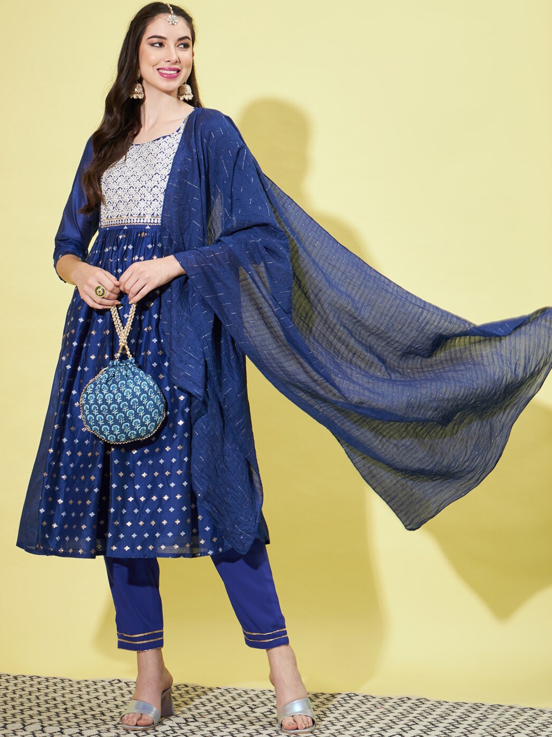 

VredeVogel Floral Yoke Design Pleated Thread Work Chanderi Silk Kurta Trousers & Dupatta, Blue