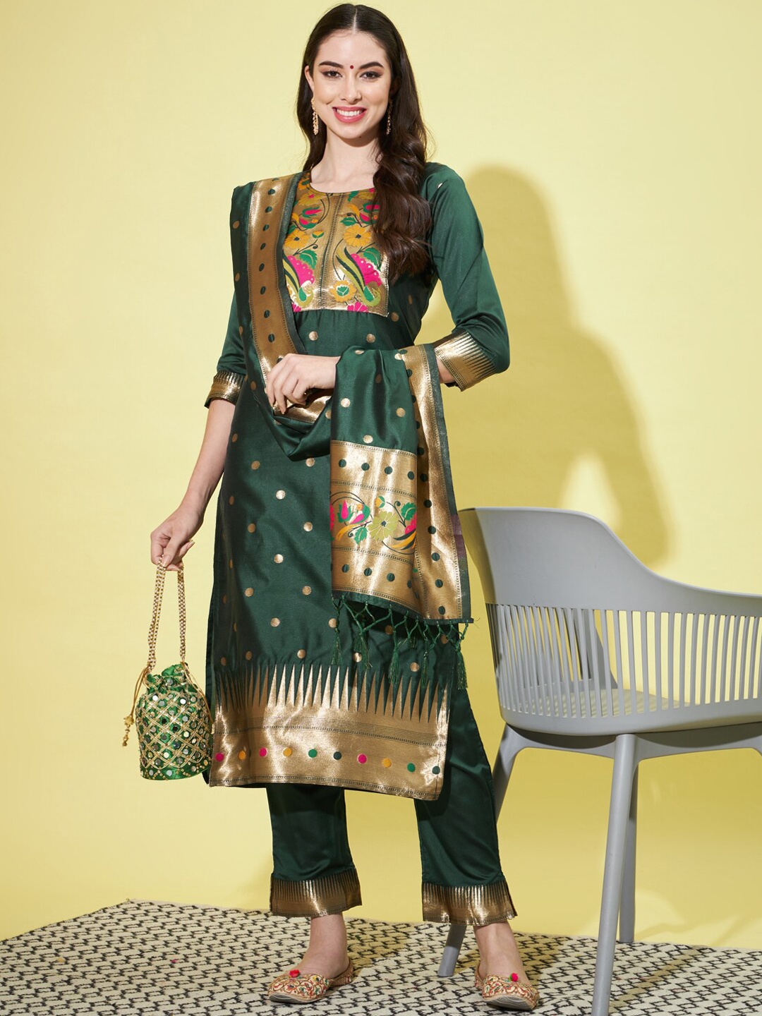 

VredeVogel Floral Woven Design Round Neck Straight Kurta with Trousers & With Dupatta, Green