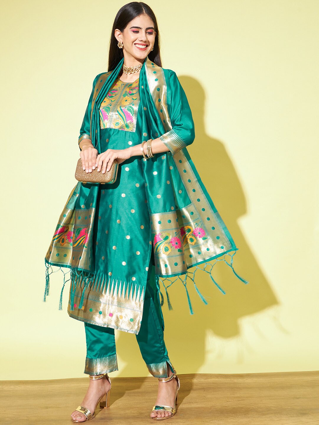 

VredeVogel Floral Woven Design Round Neck Straight Kurta with Trousers & Dupatta, Green