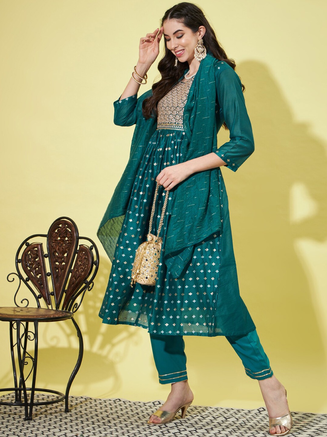 

VredeVogel Ethnic Motifs Embroidered Chanderi Silk Kurta with Trousers & Dupatta, Teal