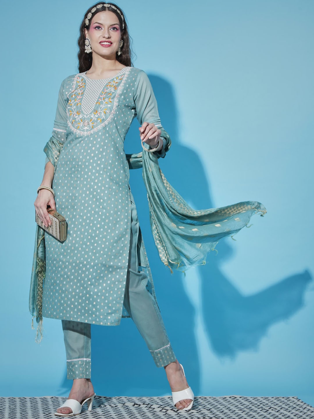 

VredeVogel Floral Printed Regular Thread Work Chanderi Silk Kurta with Trousers & Dupatta, Blue