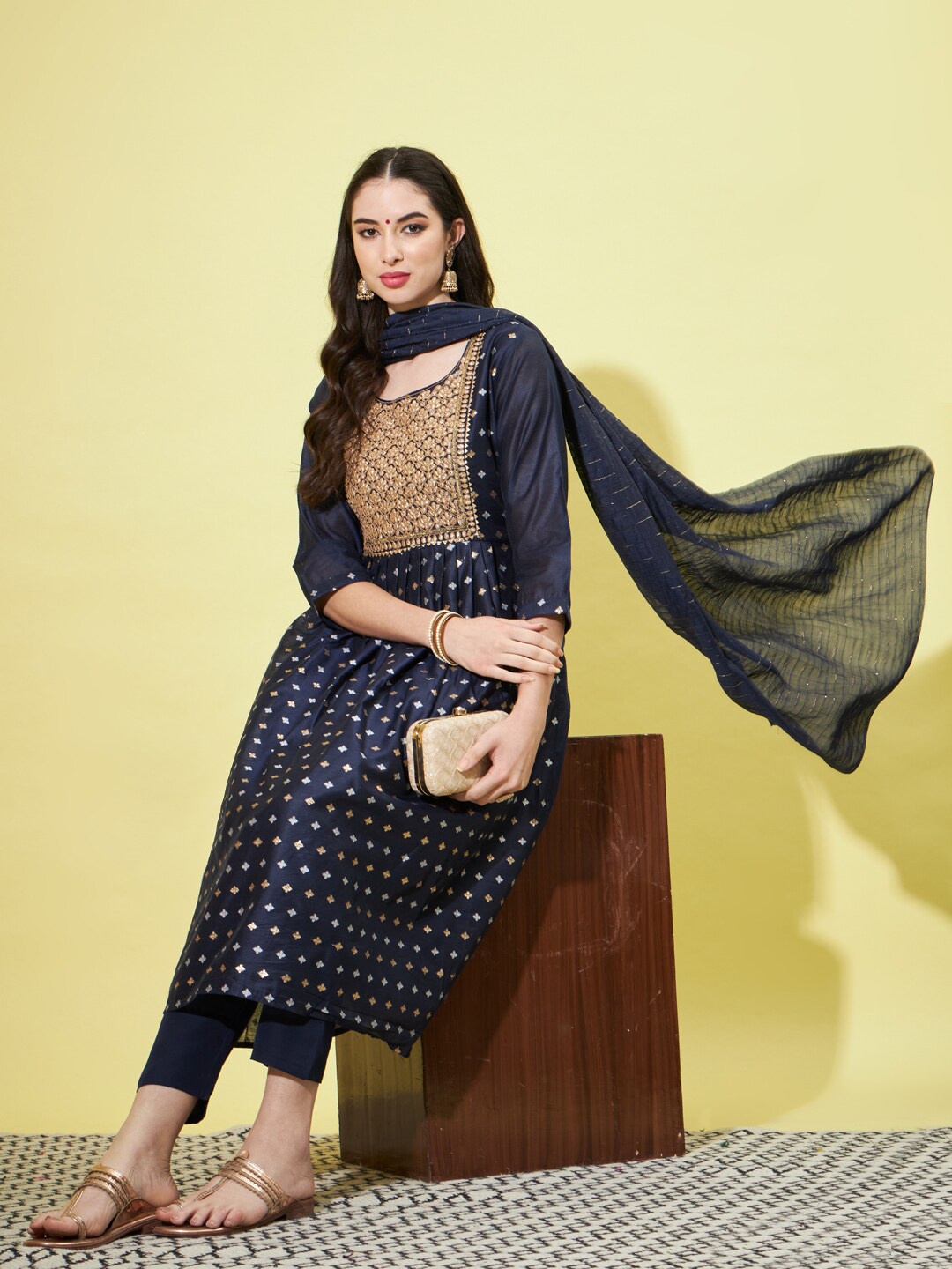 

VredeVogel Floral Printed Pleated Thread Work Chanderi Silk Kurta With Trousers & Dupatta, Navy blue