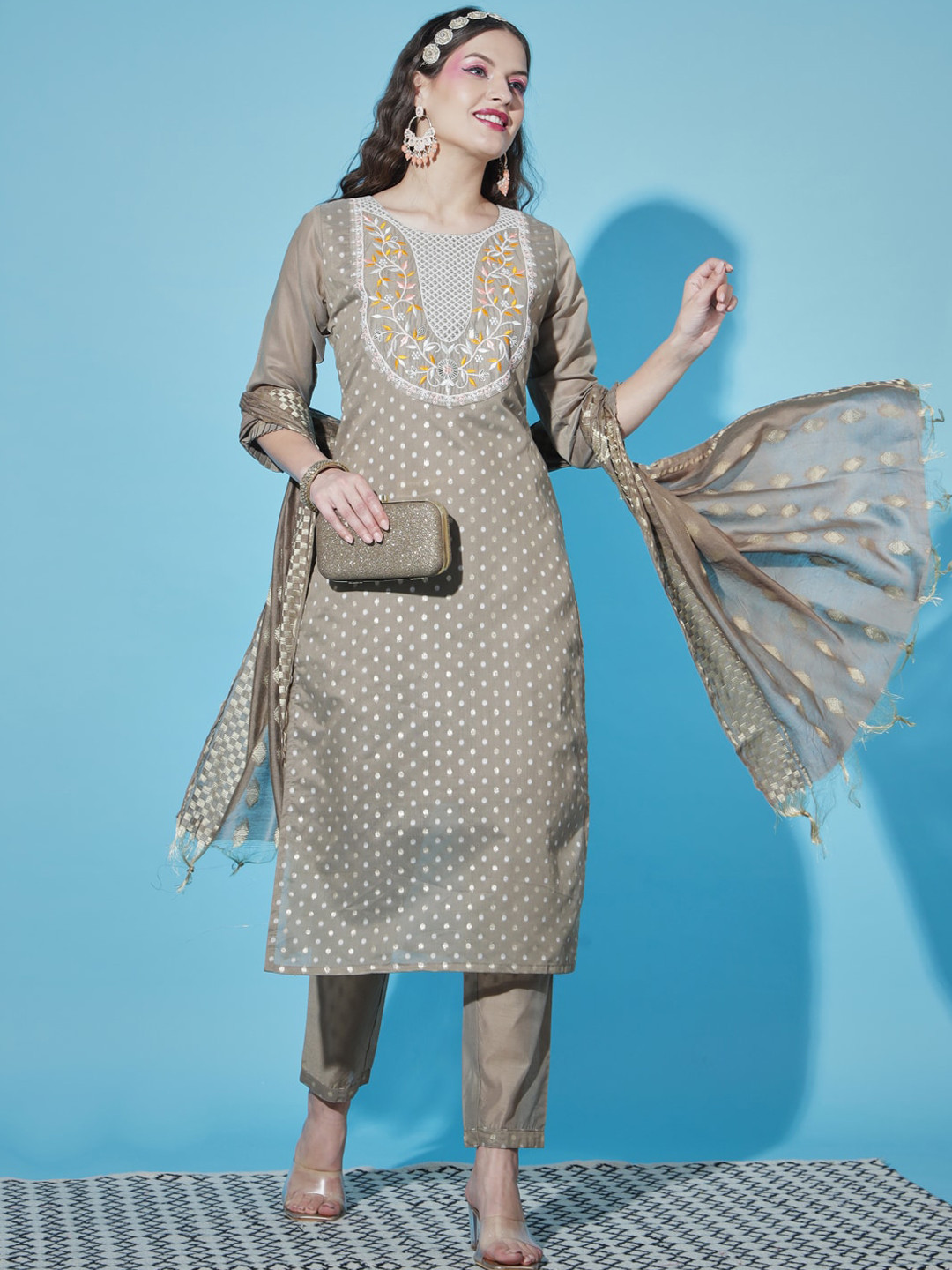 

VredeVogel Polka Dots Printed Thread Work Chanderi Silk Kurta With Trouser & Dupatta, Brown