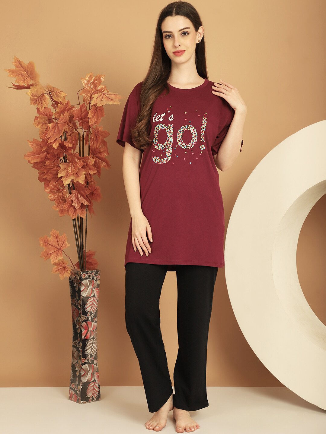 

Kanvin Maroon Typography Printed Cotton Night Suit