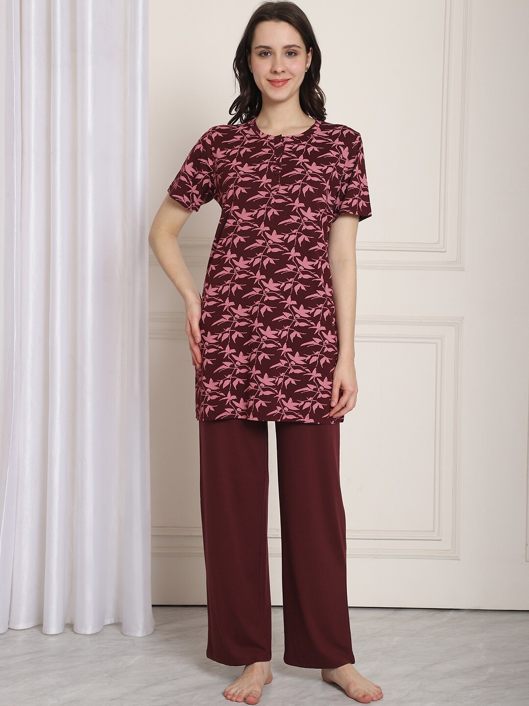 

Kanvin Maroon Floral Printed Cotton Night suit