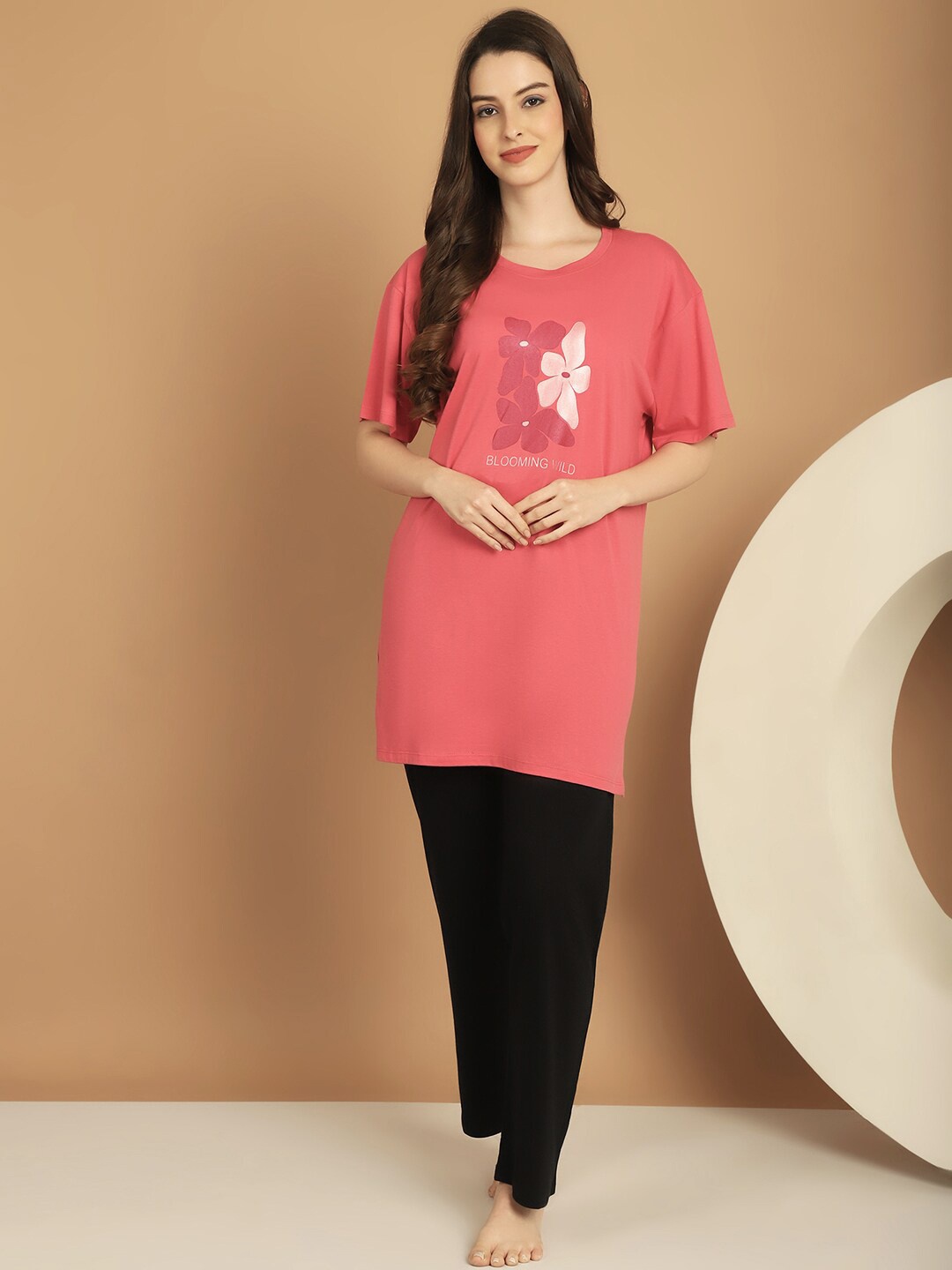 

Kanvin Pink Floral Printed Modal Cotton Night Suit