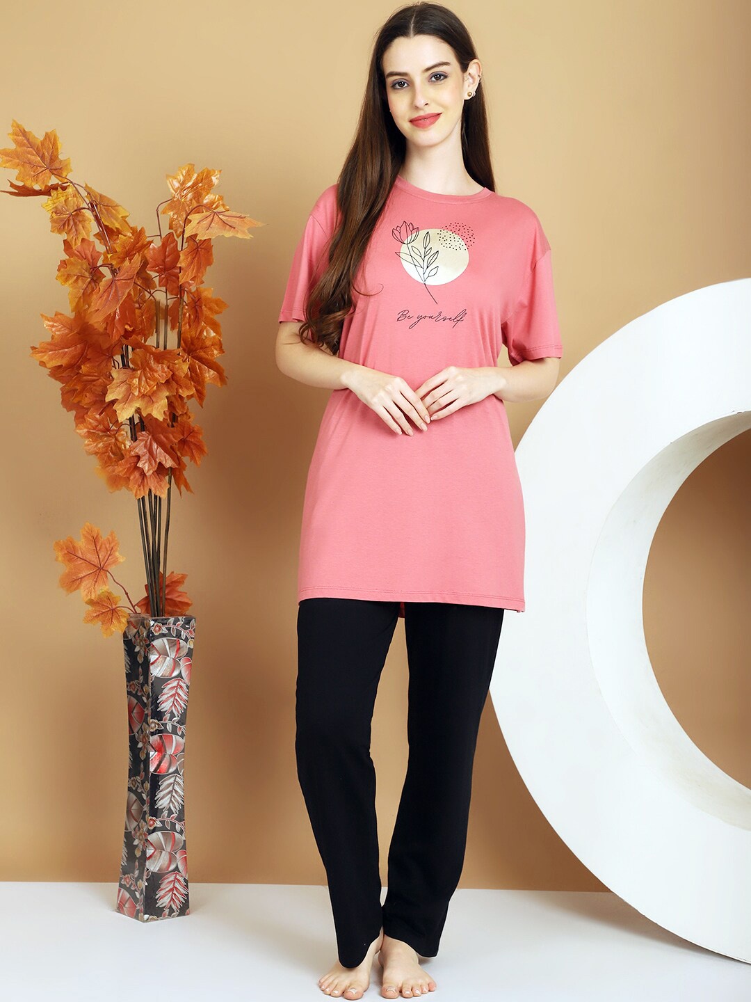 

Kanvin Pink Floral Printed Cotton Longline Night Suit