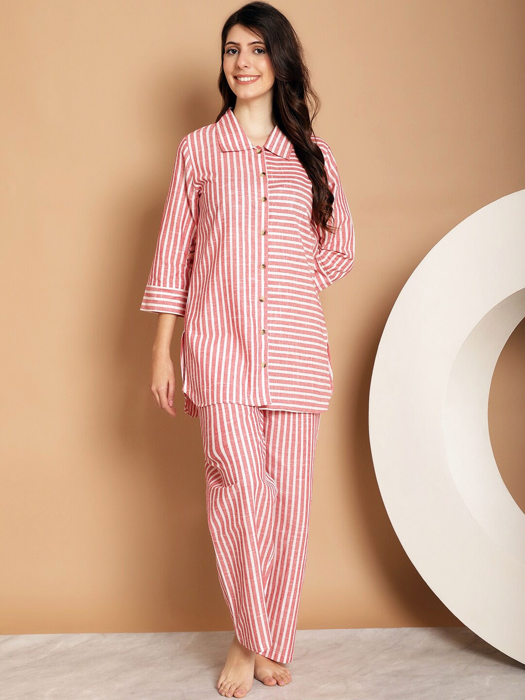 

Kanvin Striped Shirt Collar Pure Cotton Night suit, Peach