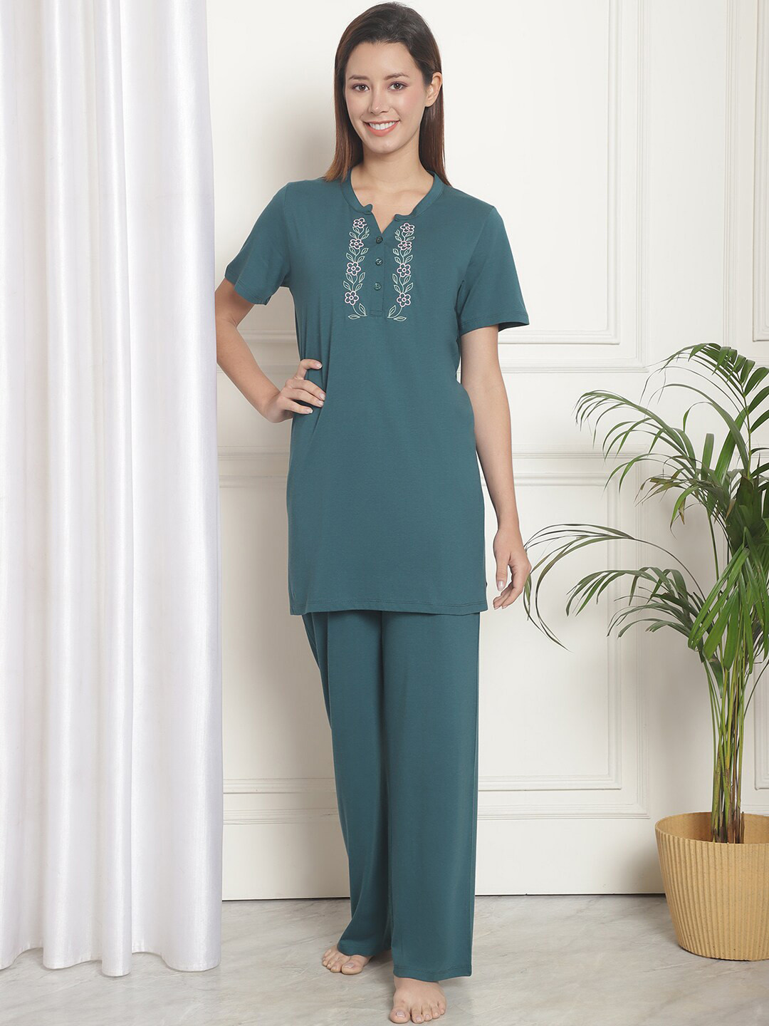 

Kanvin Mandarin Collar Longline Top With Pyjamas, Teal