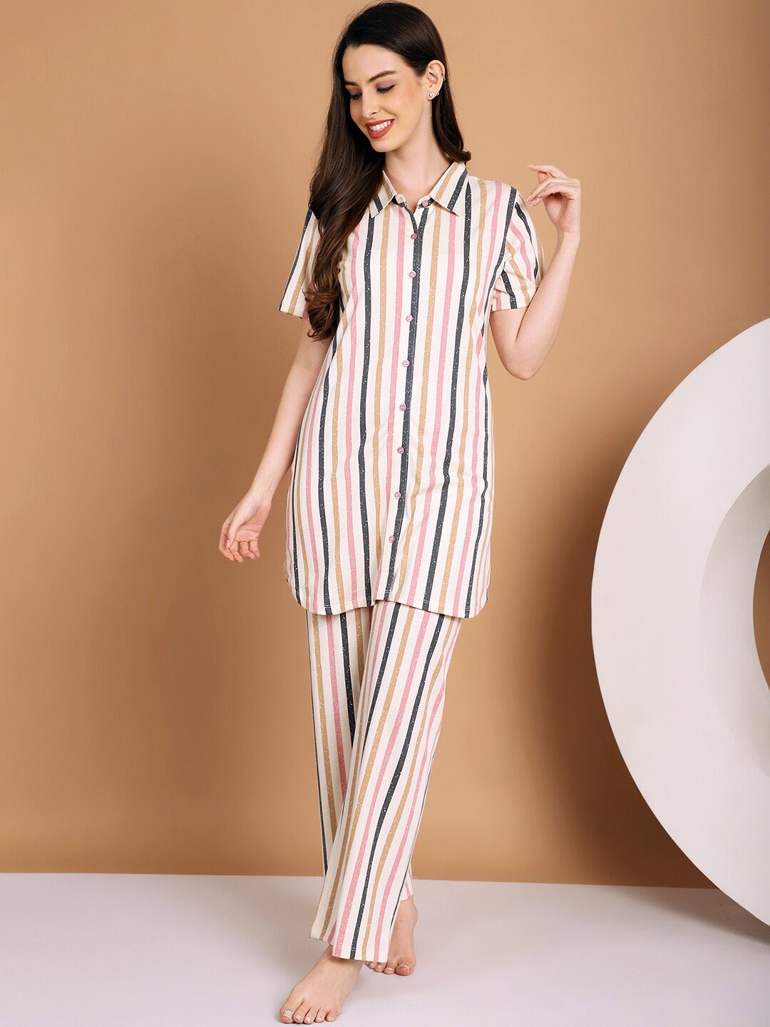 

Kanvin Striped Pure Cotton Night Suit, White