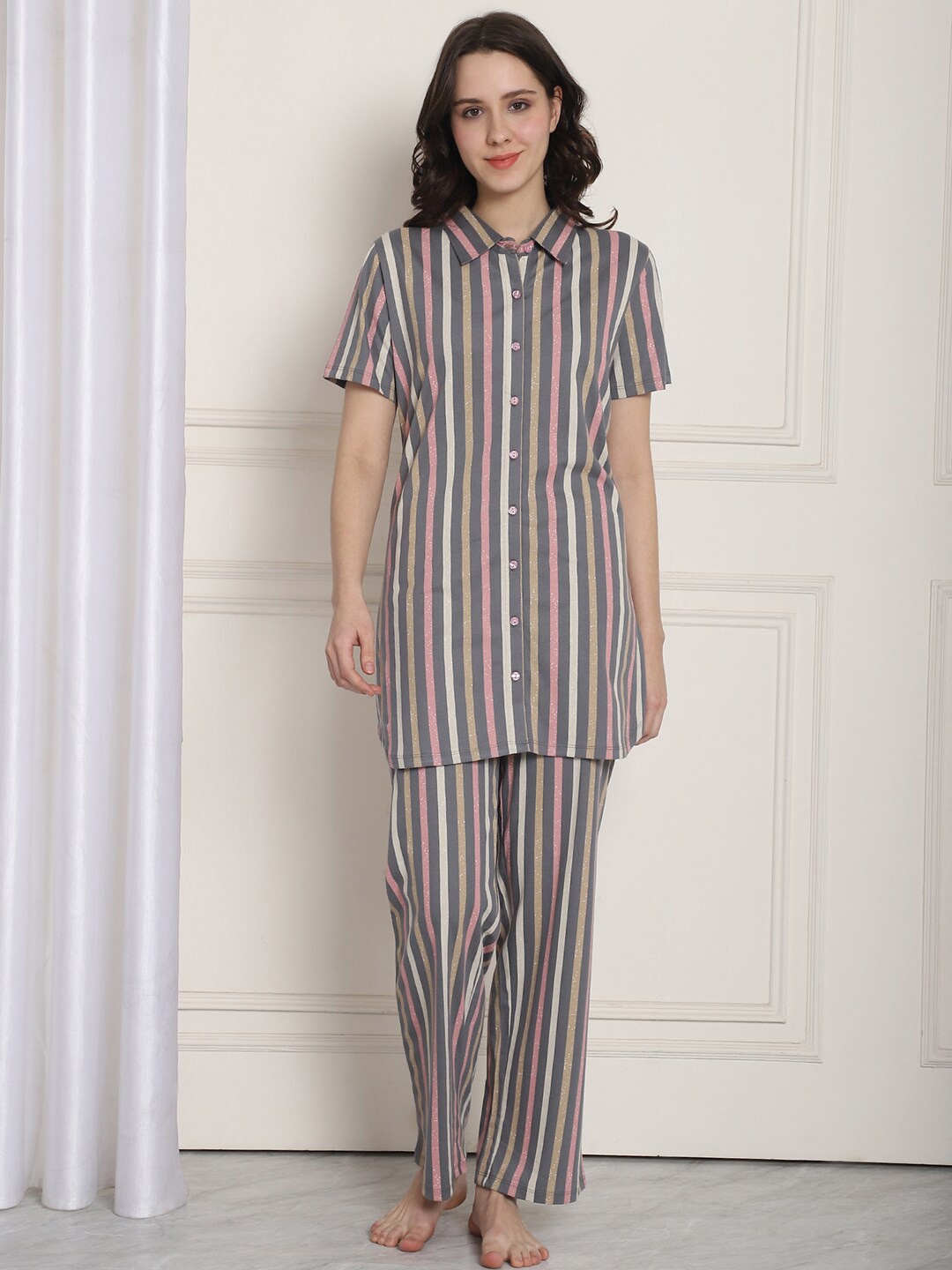 

Kanvin Striped Pure Cotton Night Suit, Grey